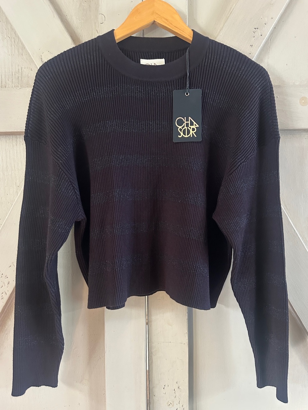 Chaser Black Ribbed Metallic Stripe Long Sleeve Sweater Size S
